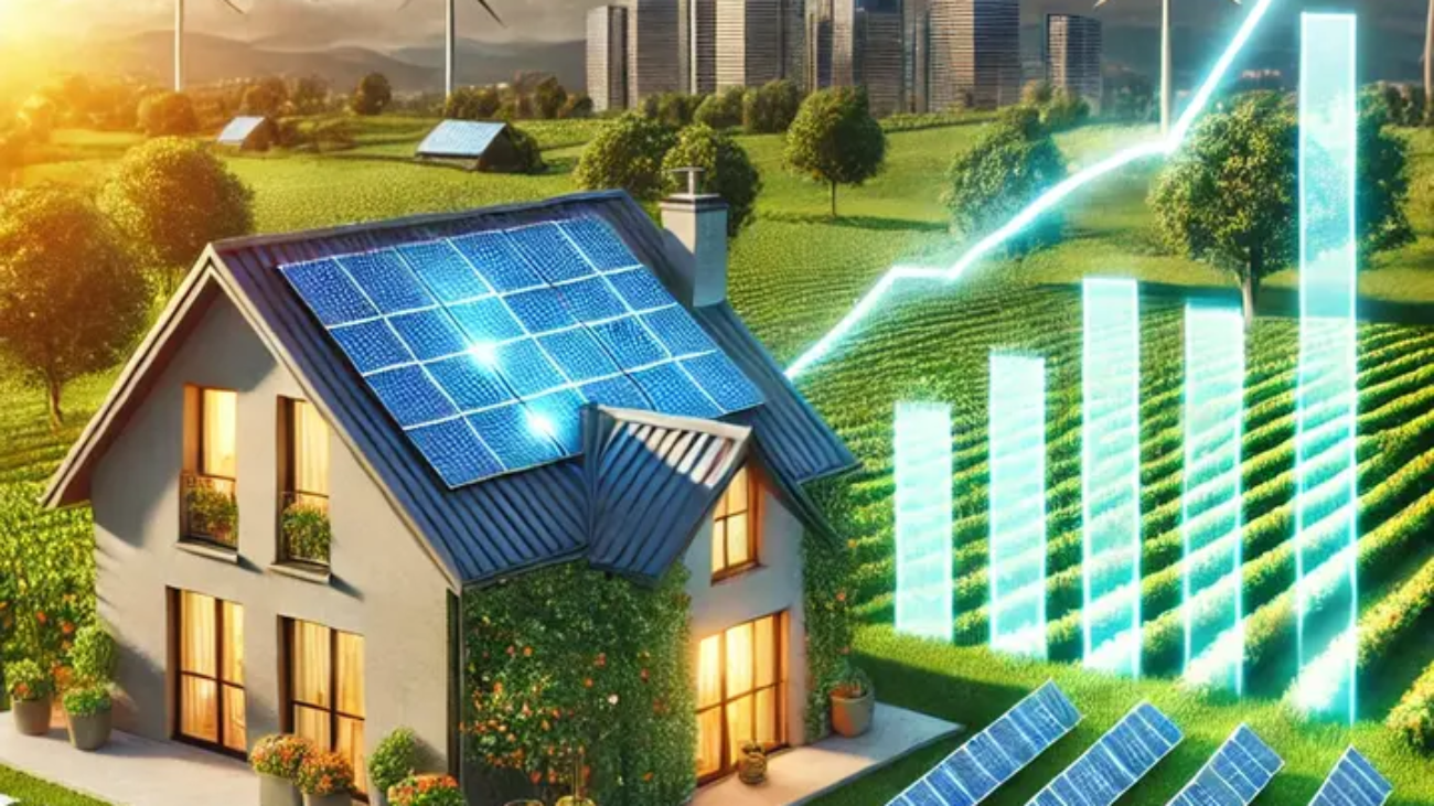 DALL·E 2024-11-12 16.08.15 - An illustration showing the growing impact of photovoltaics on real estate value. The image includes a modern house with solar panels on the roof, sur (1)