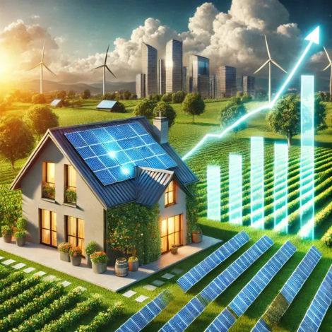 DALL·E 2024-11-12 16.08.15 - An illustration showing the growing impact of photovoltaics on real estate value. The image includes a modern house with solar panels on the roof, sur (1)