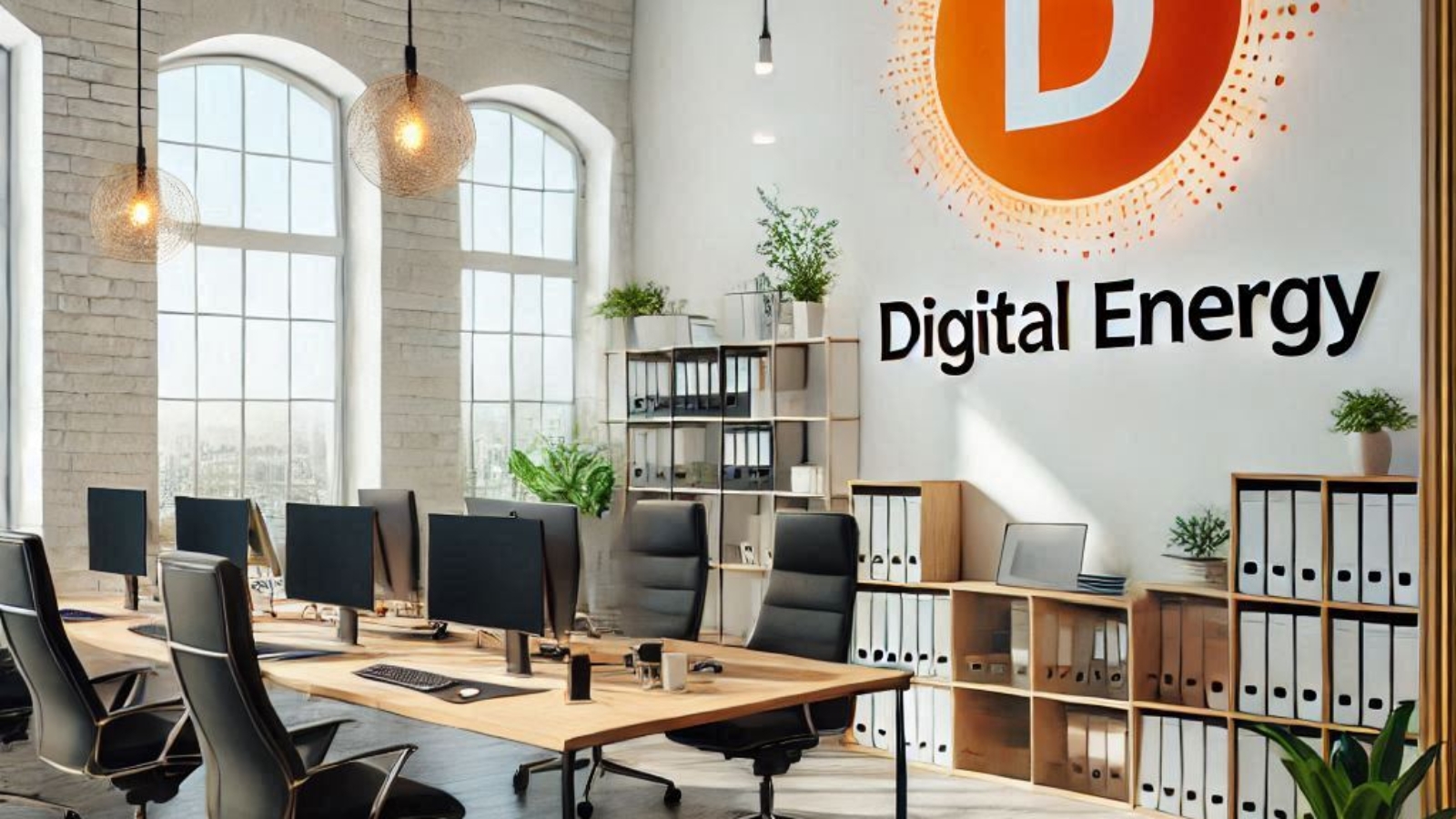 interior of an office with a logo on the wall with the orange text Digital Energy on a white background