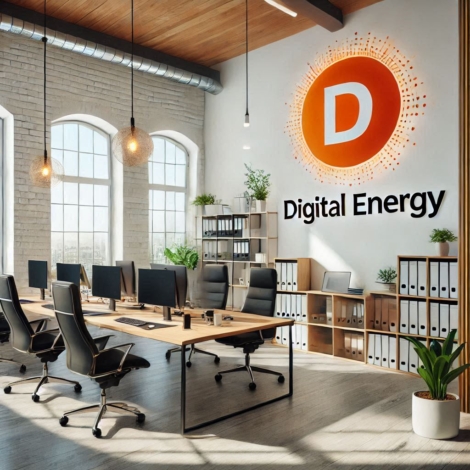 interior of an office with a logo on the wall with the orange text Digital Energy on a white background