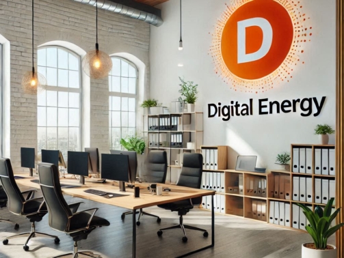 interior of an office with a logo on the wall with the orange text Digital Energy on a white background